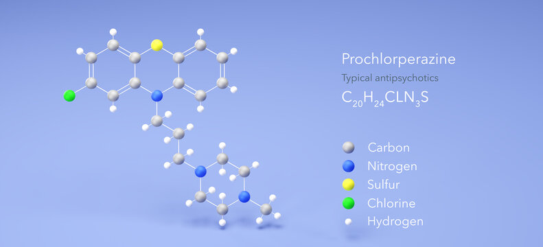 prochlorperazine molecule, molecular structures, compazine, 3d model, Structural Chemical Formula and Atoms with Color Coding