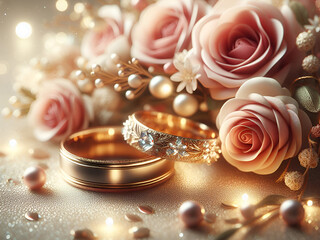 Fototapeta na wymiar Background with wedding rings and roses. AI