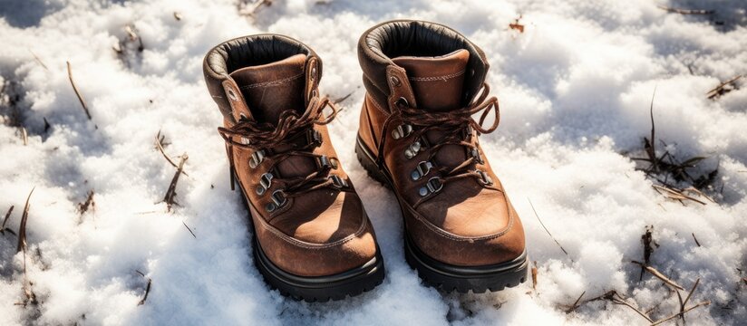Top view of two new men s leather brown winter boots standing in snow on sunny day outdoors Shoes for hiking and traveling Element of clothing no people. Creative Banner. Copyspace image