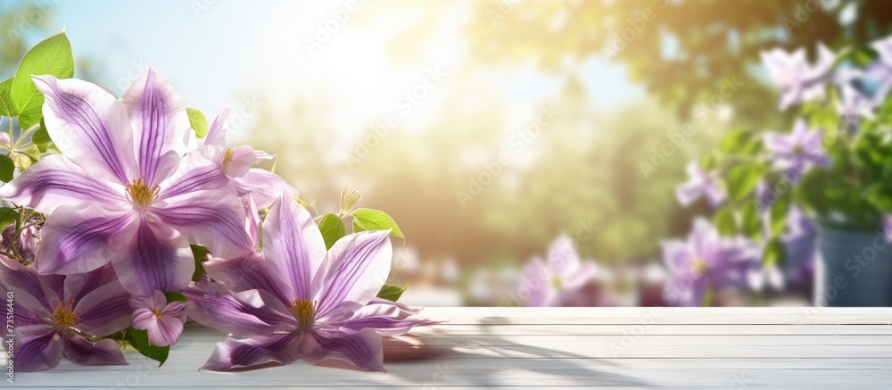 Leinwandbilder natural summertime cooking template fresh green leaves and violet flowers of clematis over an empty 