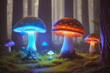 Fototapeta premium Magic glowing mushrooms in the forest. AI generative.