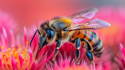 bee on pink flower, working, collecting pollen, pollination 