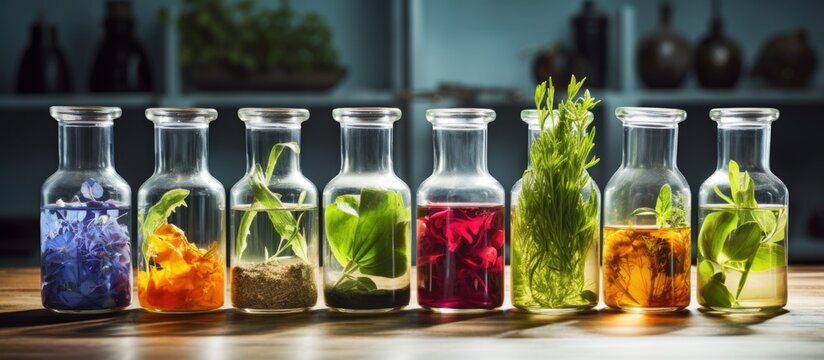 Scientific Experiment Herbs flower and fruit in test tubes. Creative Banner. Copyspace image