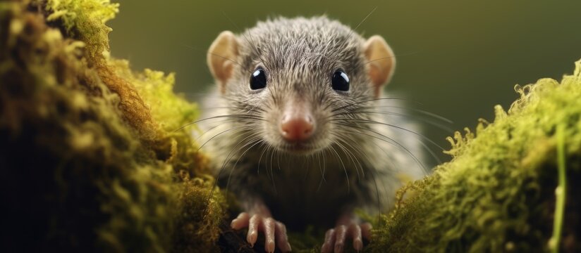 vertical portrait of small shrew in nature on green moss background animal themes copy space. Creative Banner. Copyspace image