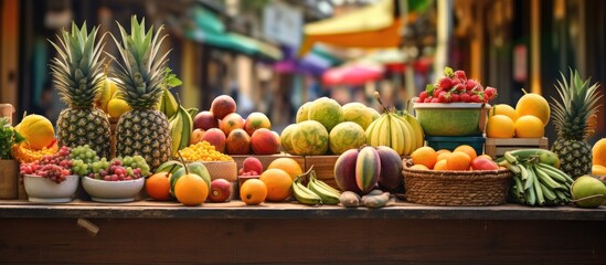 View of a street market of natural products tables full of tropical fruits such as pineapples bananas melon apples oranges and a great variety of fresh fruits. Creative Banner. Copyspace image - obrazy, fototapety, plakaty