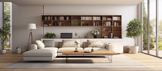 Spacious minimalistic living room in contemporary design. Creative Banner. Copyspace image