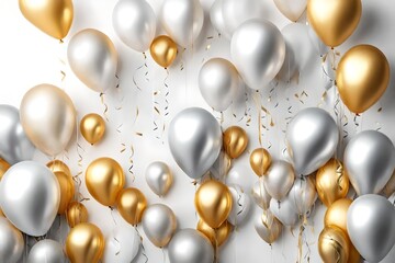  birthday balloon for card, party, design, flyer, poster, decor, banner, web, advertising. png, Silver white and gold Cluster of metallic balloons isolated on white banner