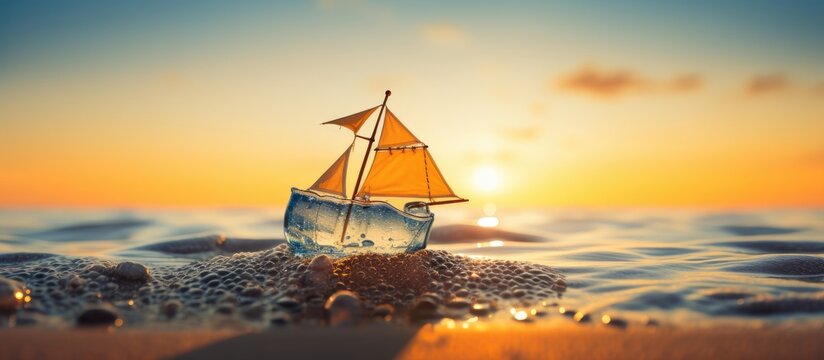 Miniature origami ship in bottle standing on sand at sunrise. Creative Banner. Copyspace image