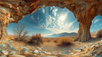 view from the cave to the blue desert sky