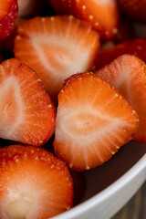homemade strawberries washed and sliced, close up
