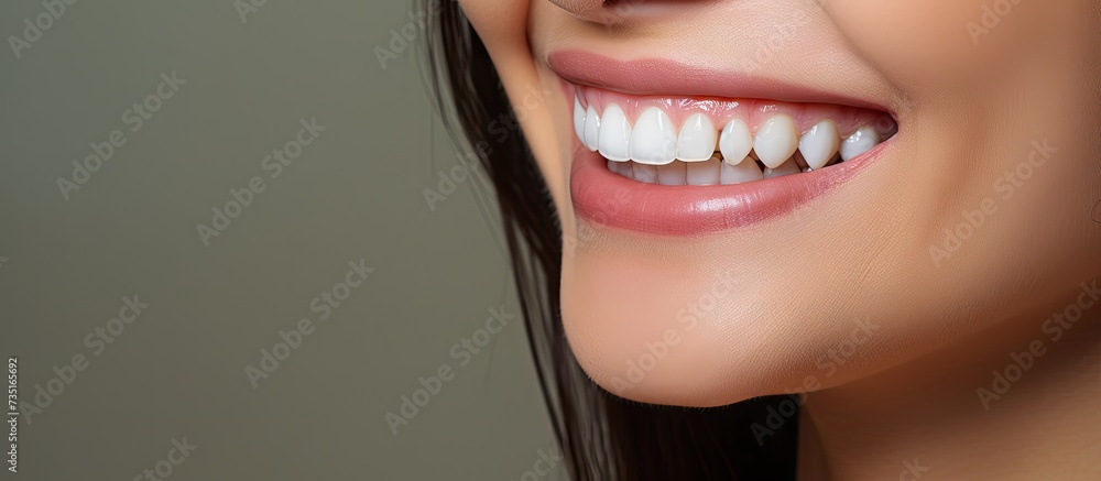 Sticker White teeth Close up photo of a nice girl with raven black hair who is looking in the camera with a broad smile and pointing with her right index finger at her teeth. Creative Banner. Copyspace image