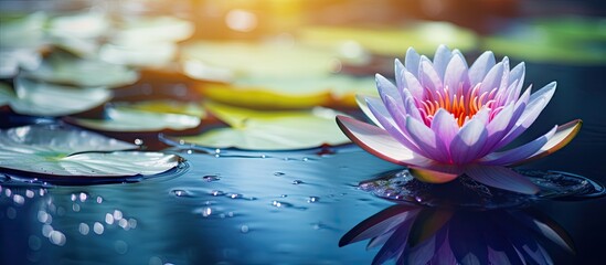 This beautiful waterlily or lotus flower is complimented by the rich colors of the deep blue water surface Saturated colors and vibrant detail make this an almost surreal image. Creative Banner - obrazy, fototapety, plakaty