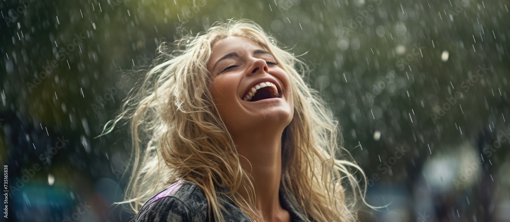 Poster Positive young blonde woman smiling wearing yellow raincoat during the rain in the park Cheerful female enjoying the rain outdoors A beautiful woman catching the raindrops with arms wide open