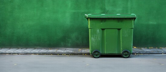 Urban waste management green plastic container on sidewalk. Creative Banner. Copyspace image
