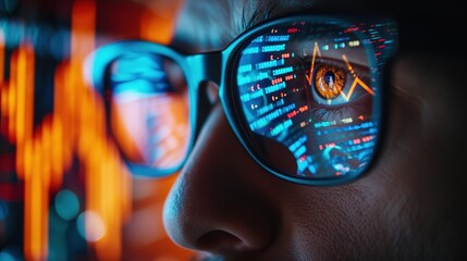 A detailed close-up captures a person's eye reflecting vibrant stock market graphs and data, symbolizing financial surveillance and analysis. - obrazy, fototapety, plakaty