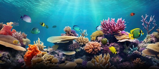 Underwater scene Coral reef colorful fish groups and sunny sky shining through clean ocean water...