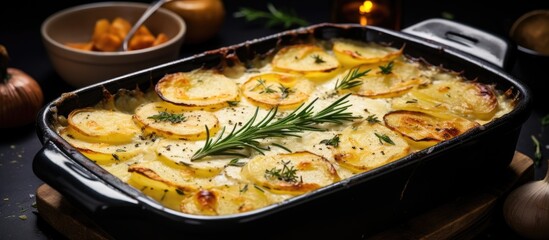 Potato gratin graten baked potatoes with cream and cheese with rosemary and forks Turkish name Kremali patates. Creative Banner. Copyspace image