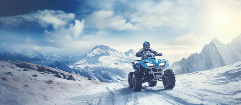 Quad bike rides on white snow in winter Sport. Creative Banner. Copyspace image