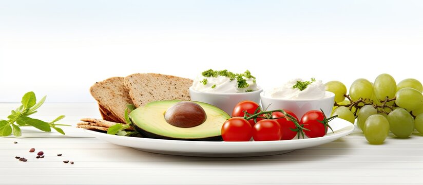 Rice Cake Sandwich with Avocado Tomato Cottage Cheese Olives and Radish on White Plate Easy Breakfast Diet Food Quick and Healthy Sandwiches Crispbread with Tasty Filling Healthy Dietary Snack