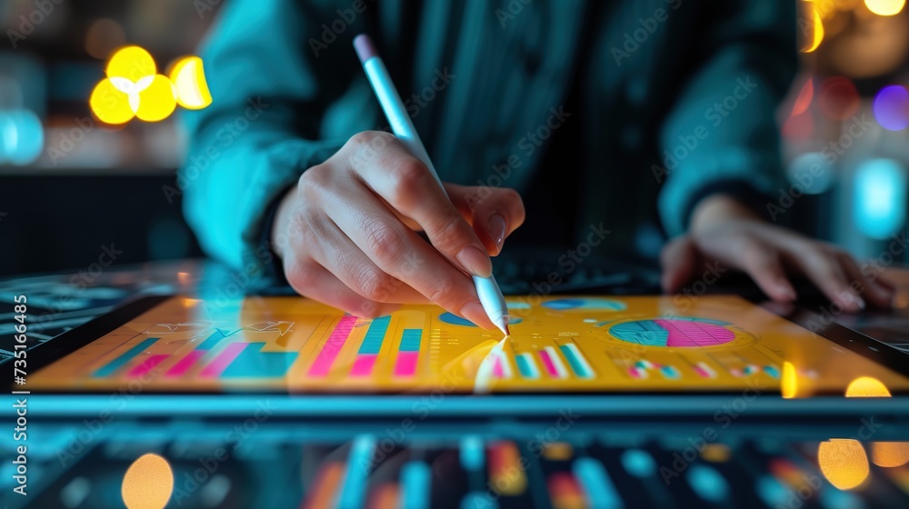Poster a financial analyst engages with interactive charts and graphs on a tablet using a stylus, set again