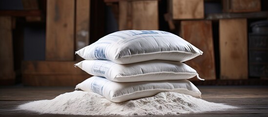 Sacks of flour on a pallet Flour in the bags. Creative Banner. Copyspace image