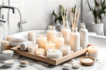 Fototapeta na wymiar White wooden tray with burning candles, aroma diffuser and sea salt on bathtub in bathroom, space for text