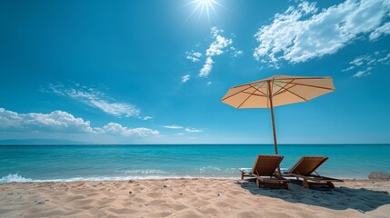 two sun bed and a sun shade umbrella on the sandy beach by the ocean