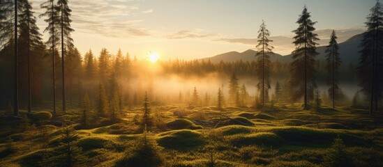 Majestic evergreen pine forest in a fog at sunrise Mighty trees plants moss Sunbeams sunshine Atmospheric autumn landscape Finland Nature deforestation and reforestation ecology themes - obrazy, fototapety, plakaty
