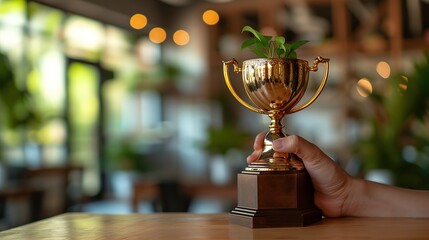 A hand holding a trophy with a green plant inside, representing an eco-friendly achievement in a bright office space.
