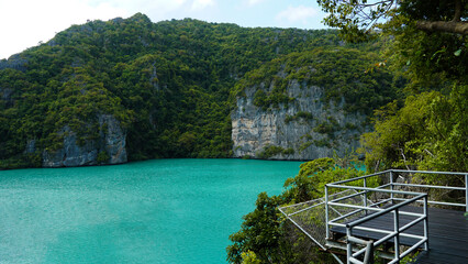 Emerald lagoon or Blue Lagoon Picturesque view of Angthong national marine park from above, Mu Ko Ang Thong National Park, Thailand