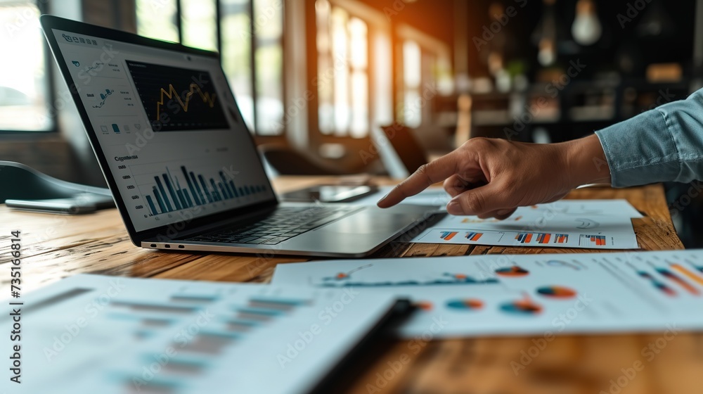 Aufkleber person pointing at laptop screen with financial graphs while analyzing printed data charts on a wood