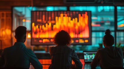 Three professionals observing and discussing statistical data on a large monitor in a modern office environment.