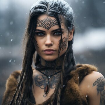 Schattenges&auml;nge des Nordens: Dunkelhaariges Modell mit T&auml;towierungen in einer mystisch-skandinavischen &Auml;sthet