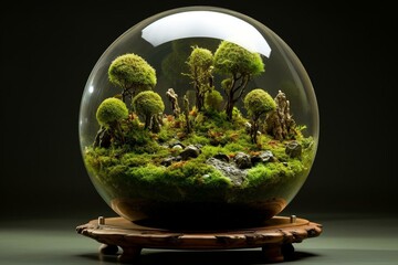 Whimsical biosphere featuring moss and fungi on wooden stand. Generative AI
