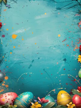 Easter themed teal colored background, with editable space in the middle, colorful easter eggs around the frame