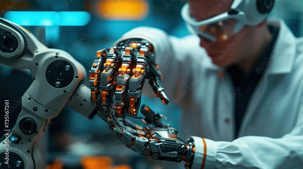 Poster a scientist in a lab coat fine-tunes an advanced robotic hand, showcasing cutting-edge robotics tech