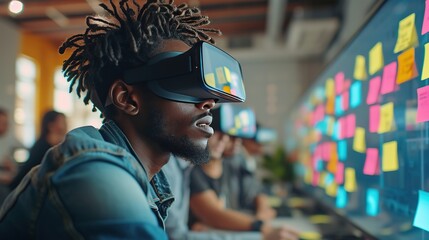 A young man immersed in a virtual reality session, with vivid graphics displayed on his VR headset in a modern workspace.