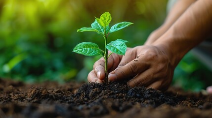 Hands nurturing a young plant in fertile earth, symbolizing growth, care, and environmental conservation.