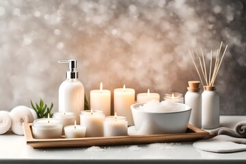 Fototapeta na wymiar White wooden tray with burning candles, aroma diffuser and sea salt on bathtub in bathroom, space for text