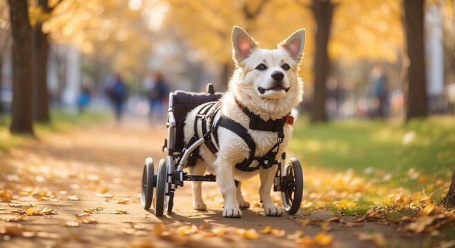 Disabled dog in a wheelchair walks in the park