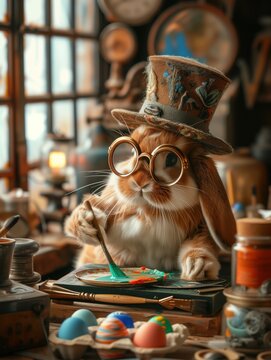 Easter artist bunny painting colorful easter eggs in his steampunk styled workshop