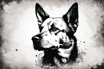 Black and white Dog in a grunge background. Cute dog Illustration. Dog sketch Illustration Background. Cute Dog face.  Vector illustration on a grunge texture background. Black and white style. 