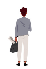 Person standing turned backside. Man in grey shirt and white pants. Character go away in casual clothes. Poster or banner. Cartoon flat vector illustration isolated on white background