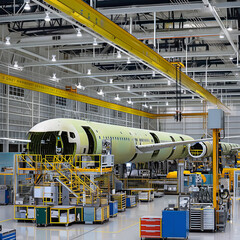An aerospace manufacturing facility with machinery assembling aircraft components emphasizing precision and innovation