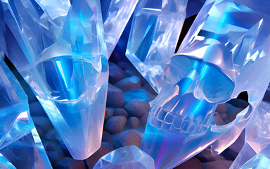 mystery crystal quartz skull of energy around blue lightning background. fantasy spiritual concept. Ai generated