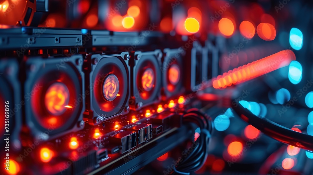 Poster focused image of red glowing cooling fans inside a server unit, exemplifying thermal management in c