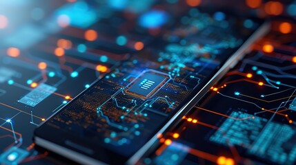 Obraz premium Close-up image of a sophisticated circuit board with illuminated pathways, highlighting modern electronic technology.
