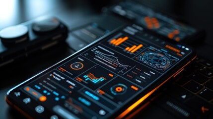 An image showcasing a smartphone displaying a complex user interface with analytics and futuristic design elements.