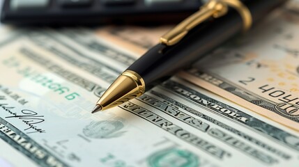 A luxury pen rests on financial documents and spread of US currency, implying wealth management, contracts, or high-value transactions.