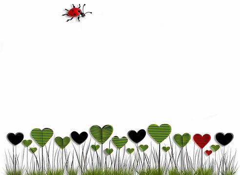 Cute illustration representing a ladybug walking on a white page, invitation, message for a special event or Valentine's day card with grass, floral design and hearts growing, nice ecological picture